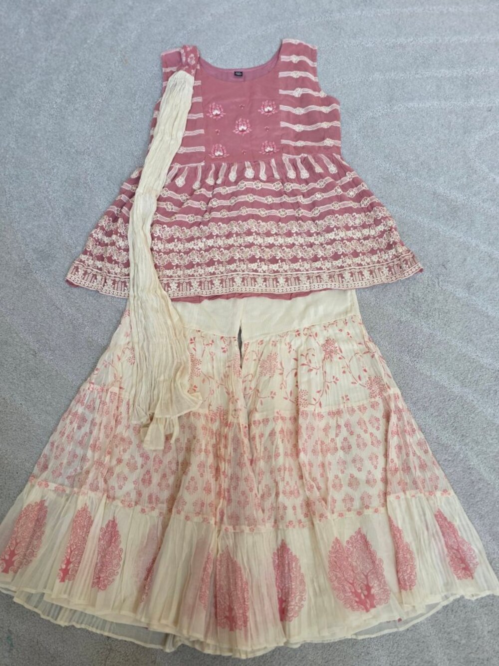 New Dusty Pink Embroidered Peplum Kurti Sharara Suit Set XXL Festive Wedding